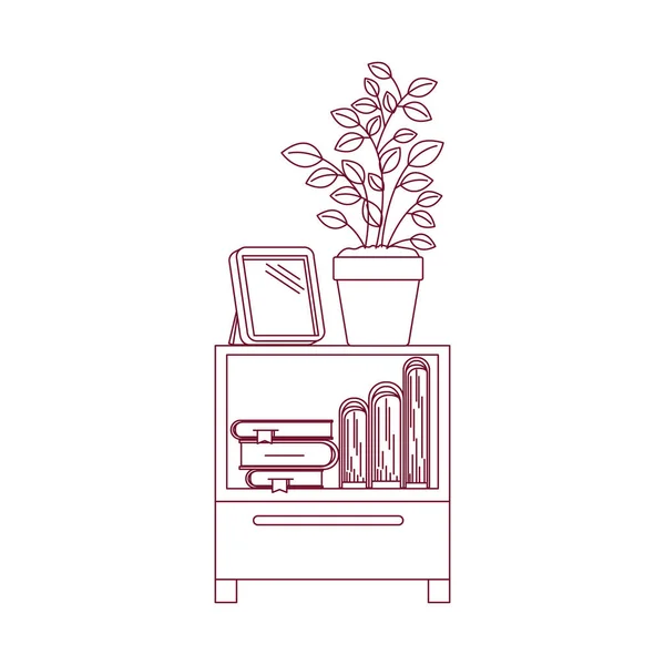 Linea contorno rosso scuro di tavolo armadio decorativo con libri e vaso di piantagione — Vettoriale Stock