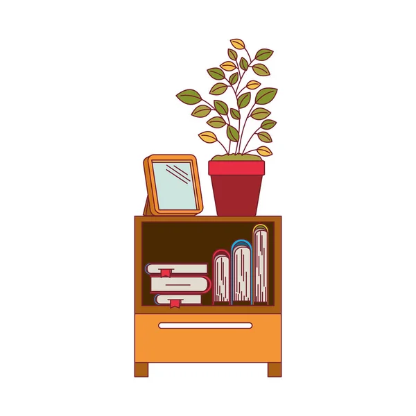 Graphique coloré de table d'armoire décorative avec livres et pot de plantation avec contour de ligne rouge foncé — Image vectorielle