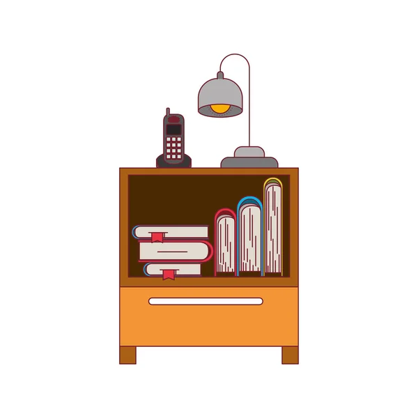 Barevné grafika stolku s bezdrátový telefon a lampu a knihy stohování s husté tmavě červenou čáru obrysu — Stockový vektor