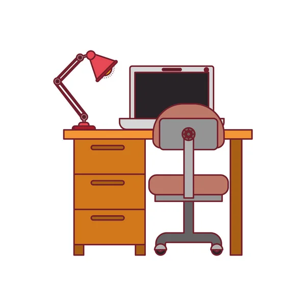 Bunte Grafik des Schreibtisches zu Hause mit Stuhl und Lampe und Laptop-Computer mit dunkelroter Linienkontur — Stockvektor
