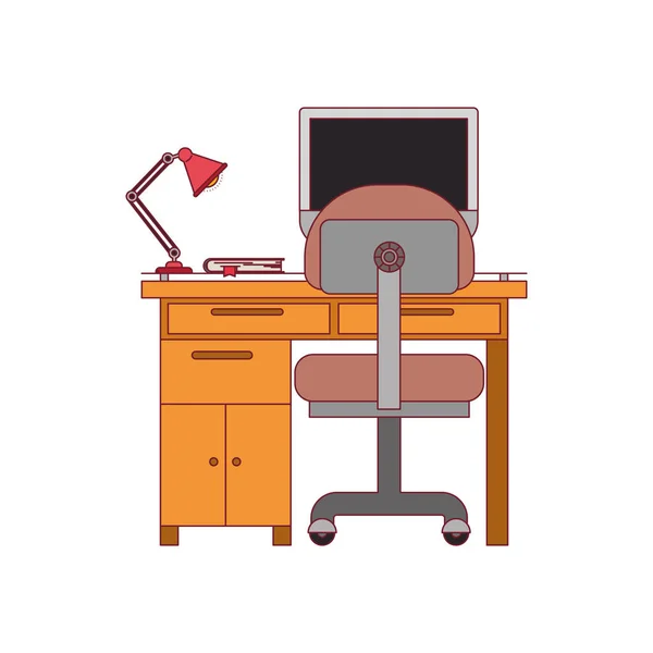 Färgglada grafik av skrivbord med stol och lampa och stationär dator med mörkt röda linjen kontur — Stock vektor