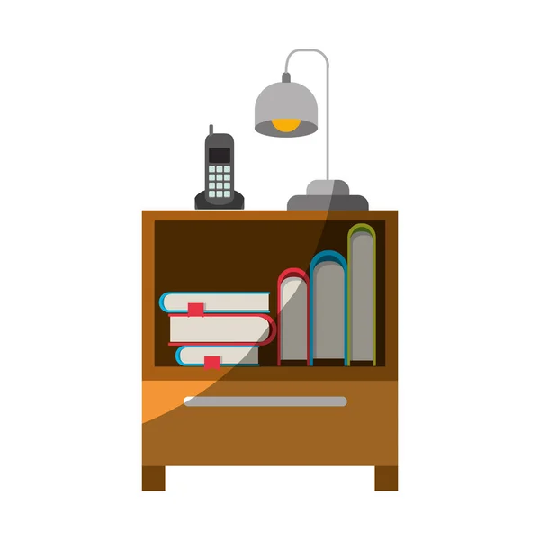 Colorful graphic of nightstand with cordless phone and lamp and books stacking without contour and half shadow — Stock Vector