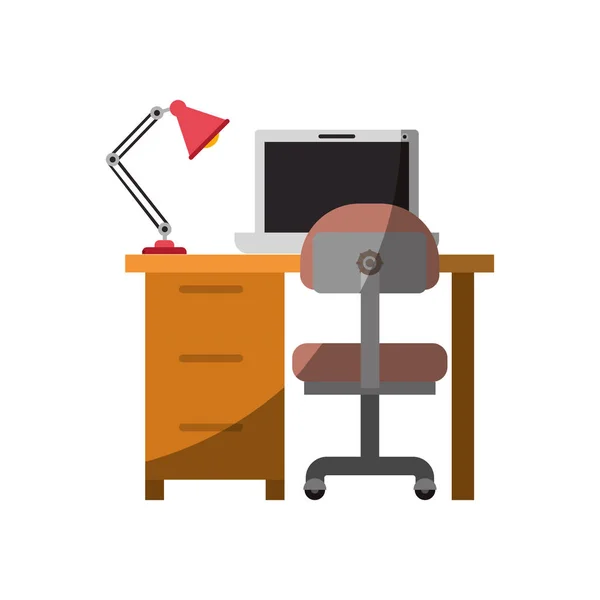 Colorido gráfico de casa de escritorio con silla y lámpara y computadora portátil sin contorno y media sombra — Vector de stock