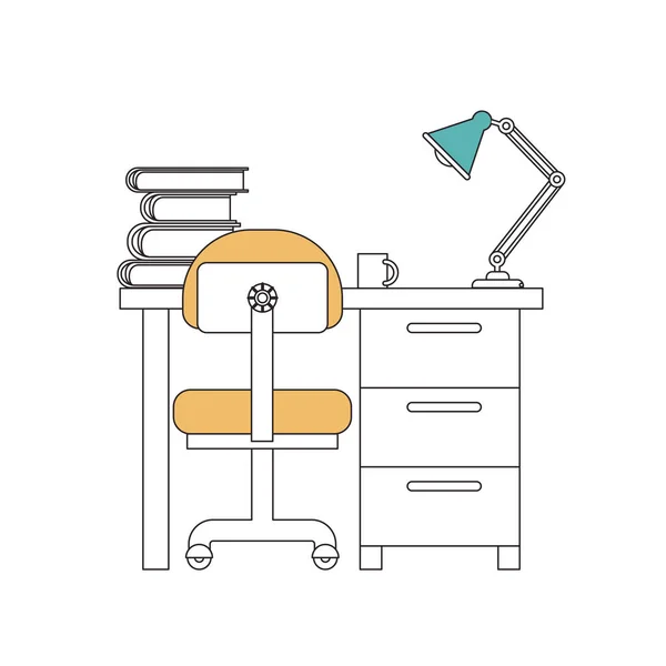 Silueta color secciones de escritorio casa con silla y libros y lámpara — Archivo Imágenes Vectoriales
