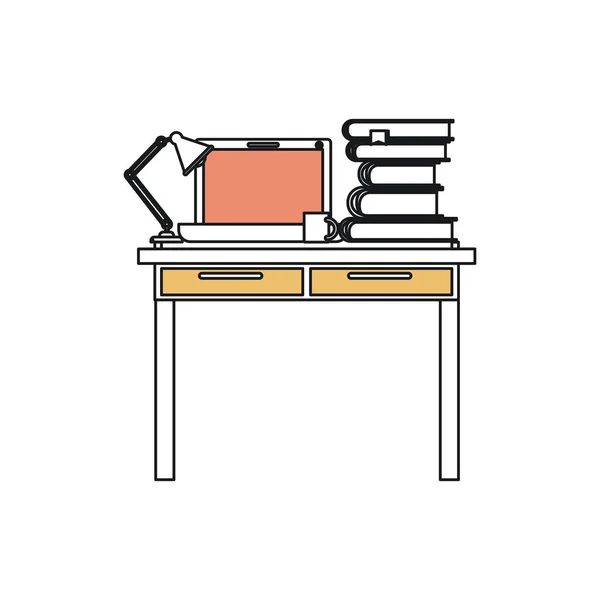 Силуэт цветовые разделы рабочего места офисный интерьер с ноутбуком и лампы и стэк-книги — стоковый вектор