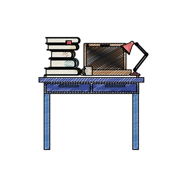 Silueta de rayas de crayón de color del lugar de trabajo interior de la oficina con computadora portátil y libros de lámpara y pila — Archivo Imágenes Vectoriales