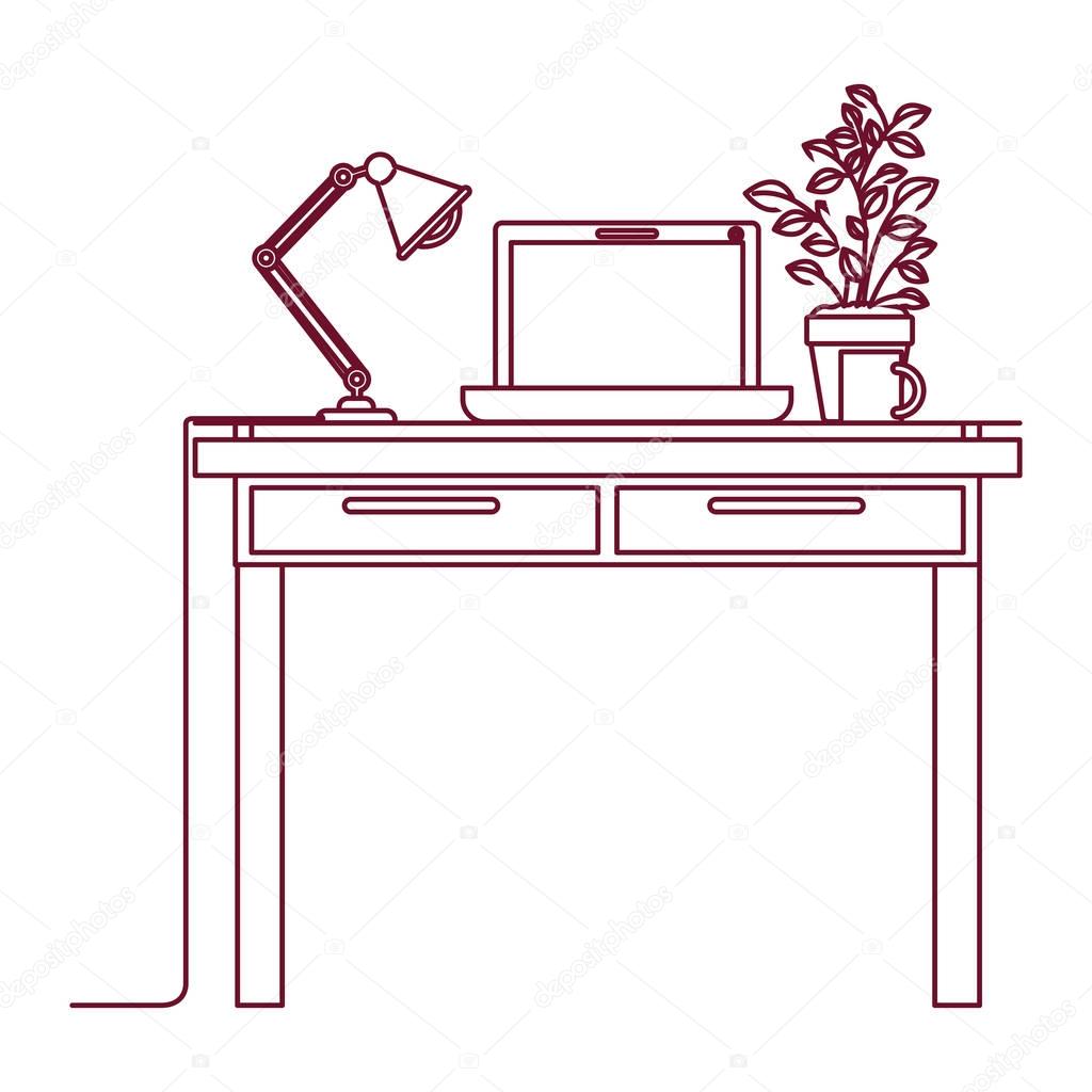 dark red line contour of work place office interior with laptop computer and lamp and plantpot