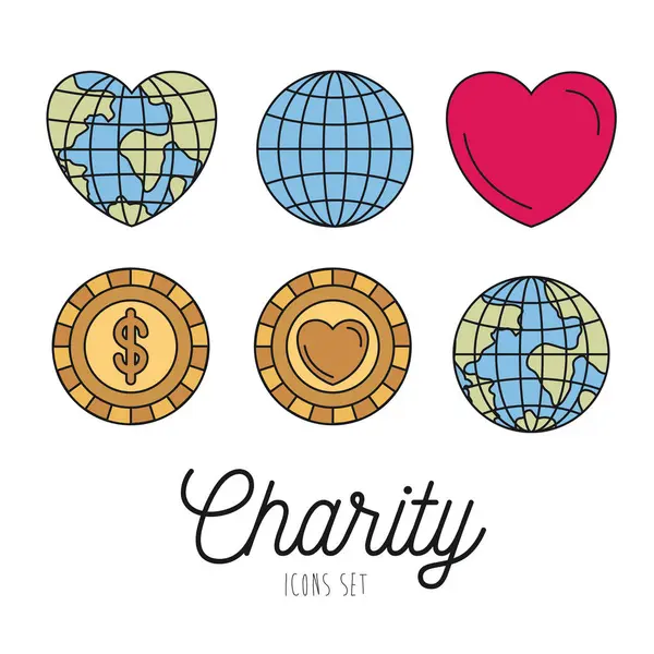 Kolor obrazu zestaw ziemia świat i monet z symbolami miłości kształt serca — Wektor stockowy