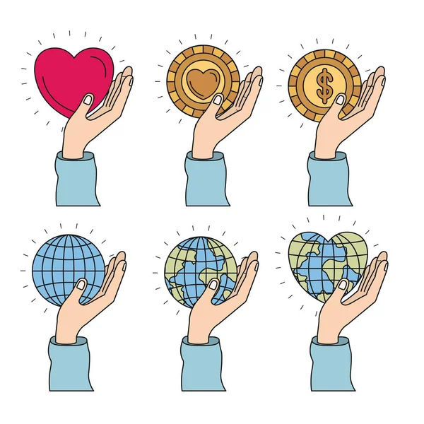 Color imagen conjunto manos sosteniendo un mundo de la tierra y monedas con forma de corazón símbolos de caridad — Archivo Imágenes Vectoriales