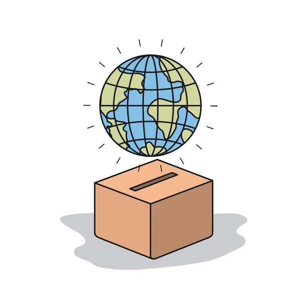 Color image background globe earth world depositing in a carton box — Stock Vector