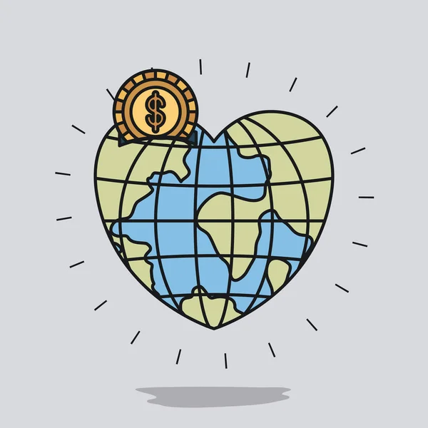 ゴールデン コインでハート形の世界地球世界のボックスのお金でカラー イメージの背景 — ストックベクタ