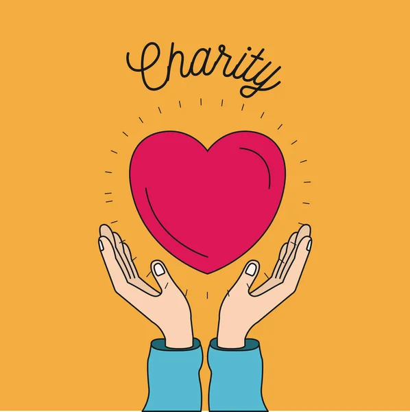 Kleur afbeelding achtergrond handen met zwevende hartsymbool liefdadigheid — Stockvector