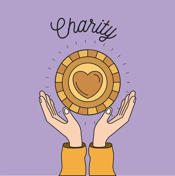 Цветное изображение Руки на заднем плане с плавающей золотой монетой в форме сердца внутри символа благотворительности — стоковый вектор