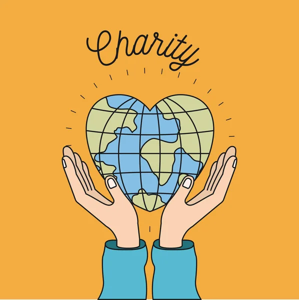 Kleur afbeelding achtergrond handen met zwevende earth globe wereld in hart vorm liefdadigheid symbool — Stockvector