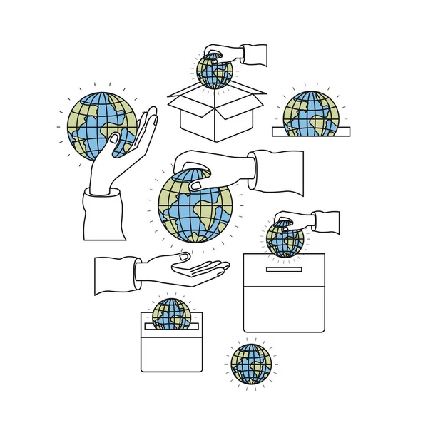 Silueta barevný obrázek nastavit ruce uložení glóbus země světa v dlani a v krabici — Stockový vektor