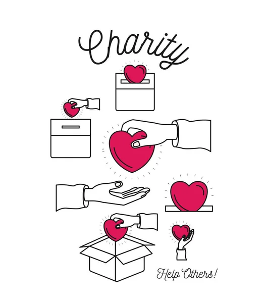 Cor silhueta imagem conjunto caridade ajudar os outros e mãos depositar forma do coração na palma da mão e na caixa de papelão — Vetor de Stock