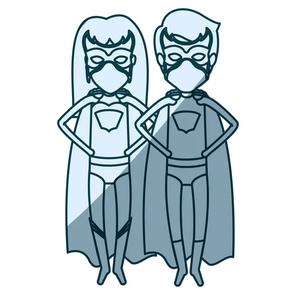 Silhueta de sombreamento azul de casal sem rosto de super-heróis voando com as mãos na cintura — Vetor de Stock