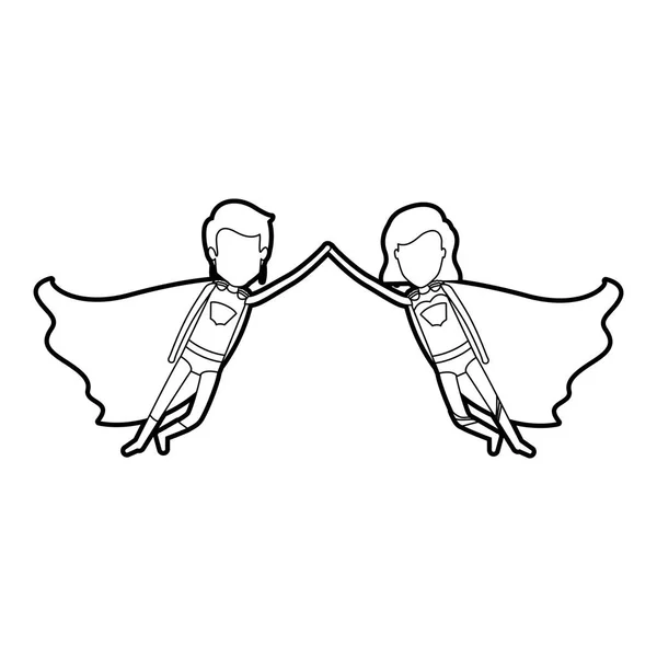 Černá silueta anonymní páru superhrdinové létání spojené ruce a její s krátkými vlasy — Stockový vektor