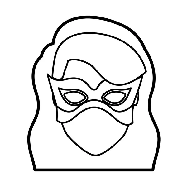 Cabeza de contorno grueso monocromo de superhéroe chica sin rostro con el pelo ondulado largo con flecos y máscara — Vector de stock