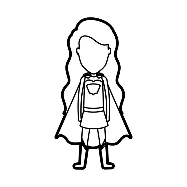 Monokrom tebal kontur berdiri gadis tak berwajah superhero dengan rambut panjang - Stok Vektor