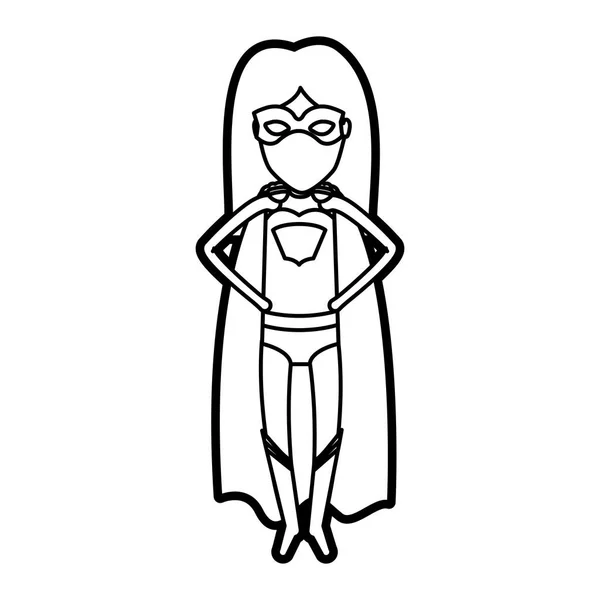 Monokrom tebal kontur berdiri wanita superhero tanpa wajah terbang dengan tangan di pinggang Anda - Stok Vektor