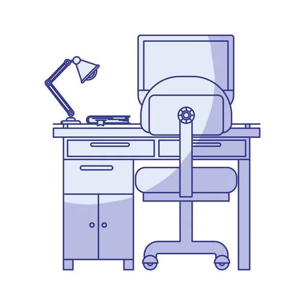 Silhueta de sombreamento azul da mesa casa com cadeira e lâmpada e computador desktop — Vetor de Stock