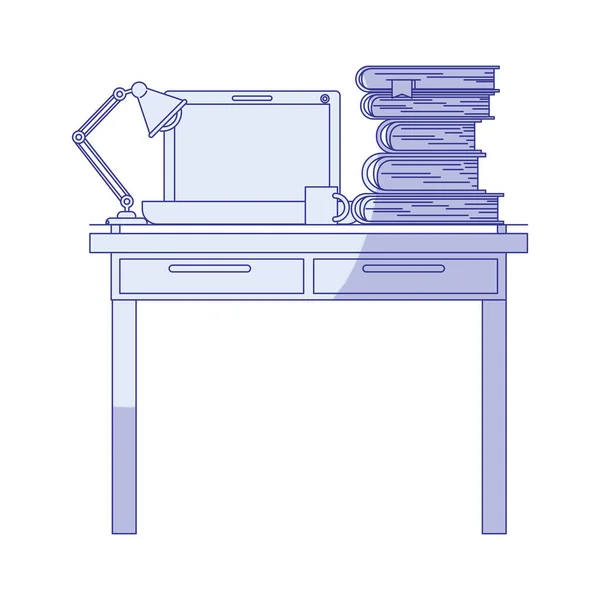 Silueta de sombreado azul del lugar de trabajo interior de la oficina con computadora portátil y libros de lámparas y pilas — Vector de stock