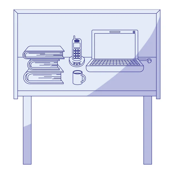 蓝色底纹的剪影中基本的办公桌家居办公室 — 图库矢量图片