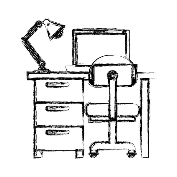 Silueta borrosa monocromática del hogar de escritorio con silla y lámpara y computadora portátil — Archivo Imágenes Vectoriales