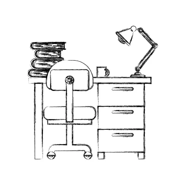 Monochroom wazig silhouet van bureau thuis met boeken, stoel en lamp — Stockvector
