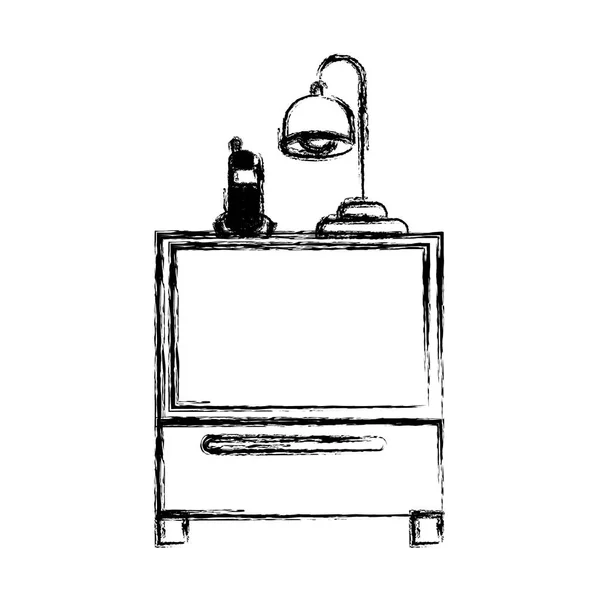 Monochromatický rozmazané siluety stolku s bezdrátový telefon a lamp — Stockový vektor