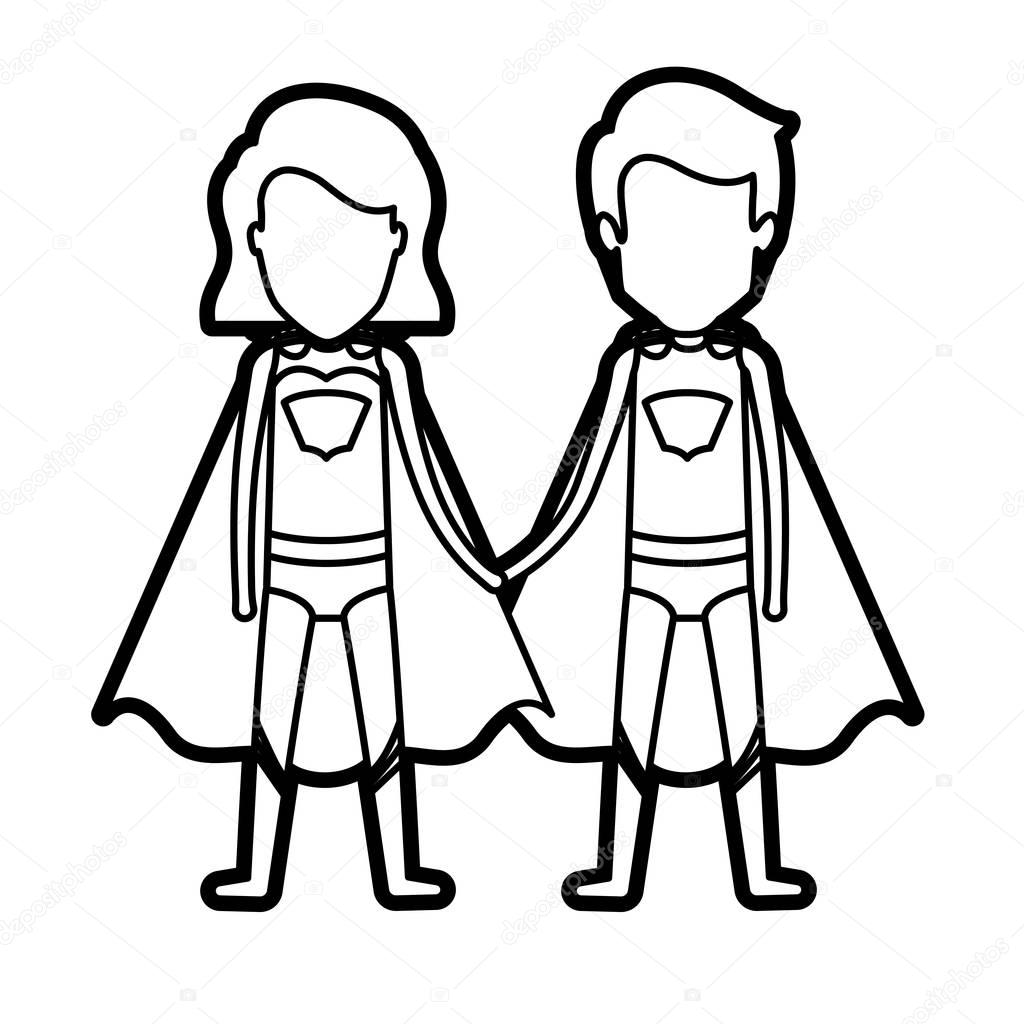 monochrome thick contour of faceless couple of superheroes united of the hands and her with short hair