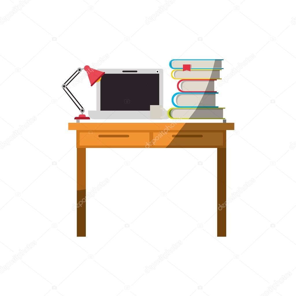 colorful graphic without contour and shading of work place office interior with laptop computer and lamp and stack books