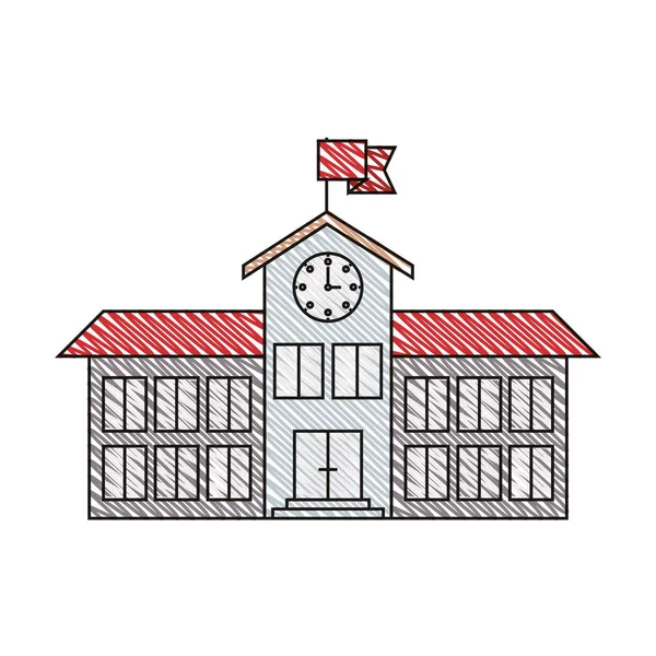 Couleur bande de crayon image de la structure du lycée avec horloge et drapeau — Image vectorielle