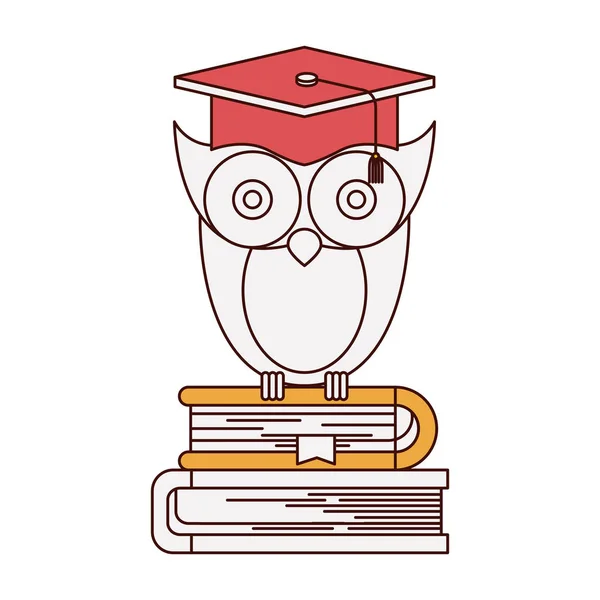 Sections de couleur silhouette de la connaissance hibou avec graduation casquette sur pile de livres — Image vectorielle