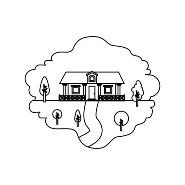 doğal peyzaj ve korkuluk ile ülke ev tek renkli siluet sahnesi