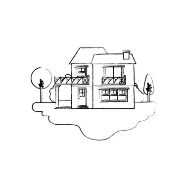 tek renkli siluet sahne açık peyzaj ve kır evi iki kat ve balkon bulanık