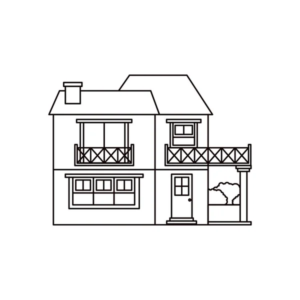 Silhouette monochrome de la maison avec deux étages avec balcon et cheminée — Image vectorielle