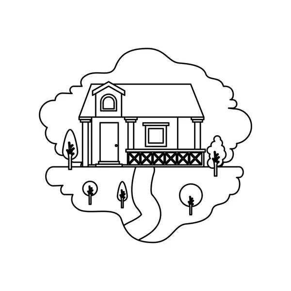 Monochrom Silhouette Szene der Naturlandschaft und Fassade Haus mit Geländer und Dachboden — Stockvektor