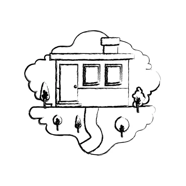 Монохромний розмитий силует сцени природного ландшафту і фасаду маленького будинку з димоходом — стоковий вектор