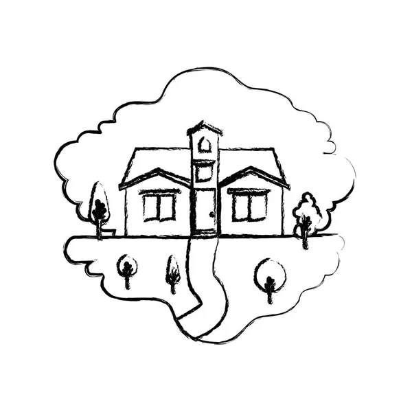 Silueta borrosa monocroma escena de paisaje natural y fachada casa con ático — Vector de stock