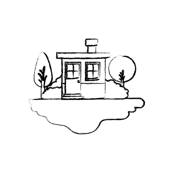 单色的模糊的轮廓现场的室外景观和带烟囱的小房子 — 图库矢量图片