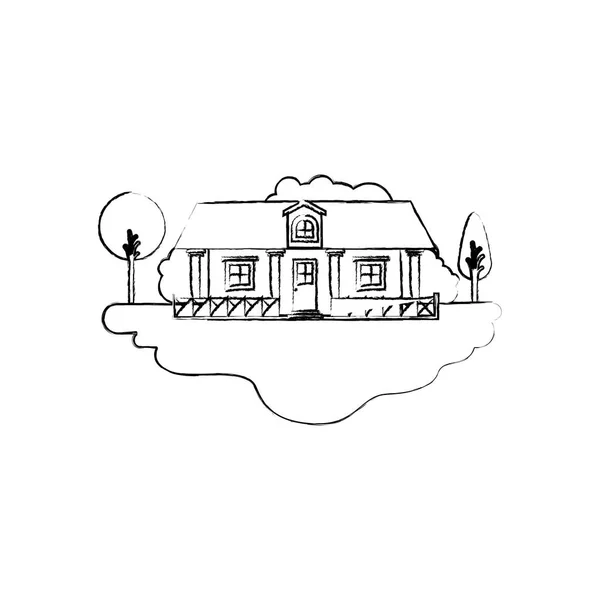 Монохромний розмитий силует сцени відкритого ландшафту і заміського будинку з перилами — стоковий вектор