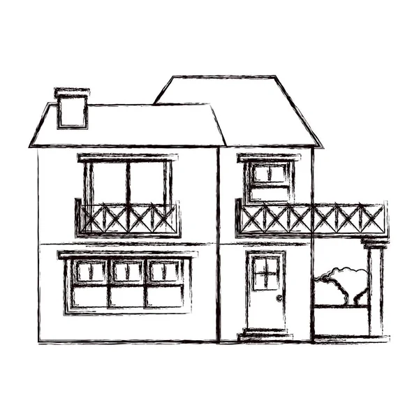 Silhouette floue monochrome de la maison avec deux étages avec balcon et cheminée — Image vectorielle