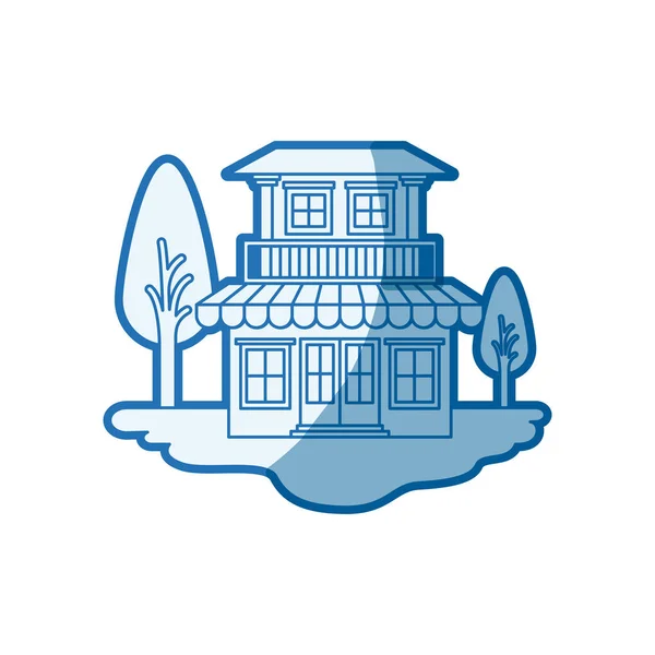 Silhueta de sombreamento azul cena de paisagem exterior e casa com dois andares e varanda —  Vetores de Stock