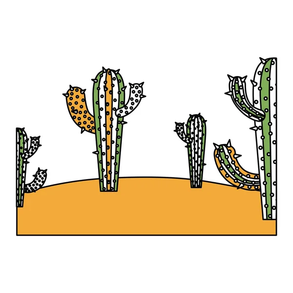 Sections de couleur silhouette du paysage du désert avec cactus et contour épais en gros plan — Image vectorielle
