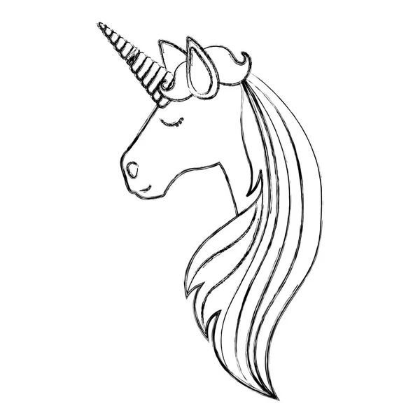 Silueta borrosa monocroma de vista lateral de cara de unicornio femenino y melena de rayas largas — Vector de stock