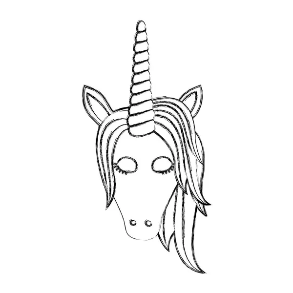 Monokrom kabur siluet dari wajah depan unicorn perempuan dengan mata tertutup dan surai - Stok Vektor