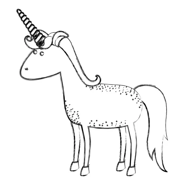 Monokrom kabur siluet kartun unicorn berdiri - Stok Vektor