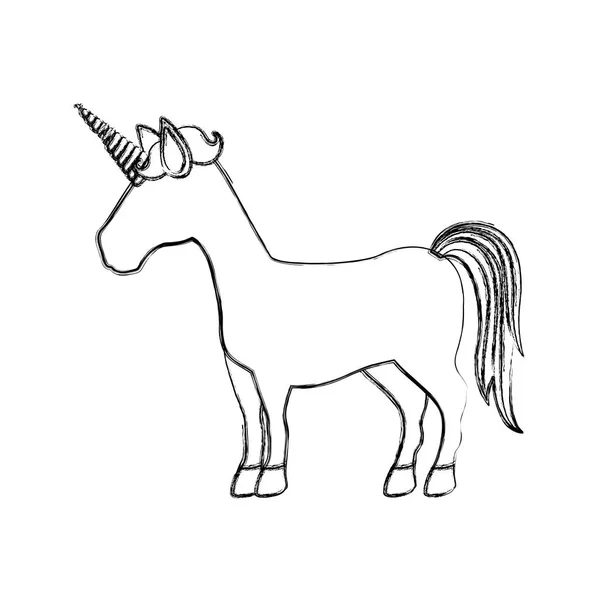 Monokrom kabur siluet karikatur unicorn tanpa wajah berdiri dengan bergaris ekor - Stok Vektor
